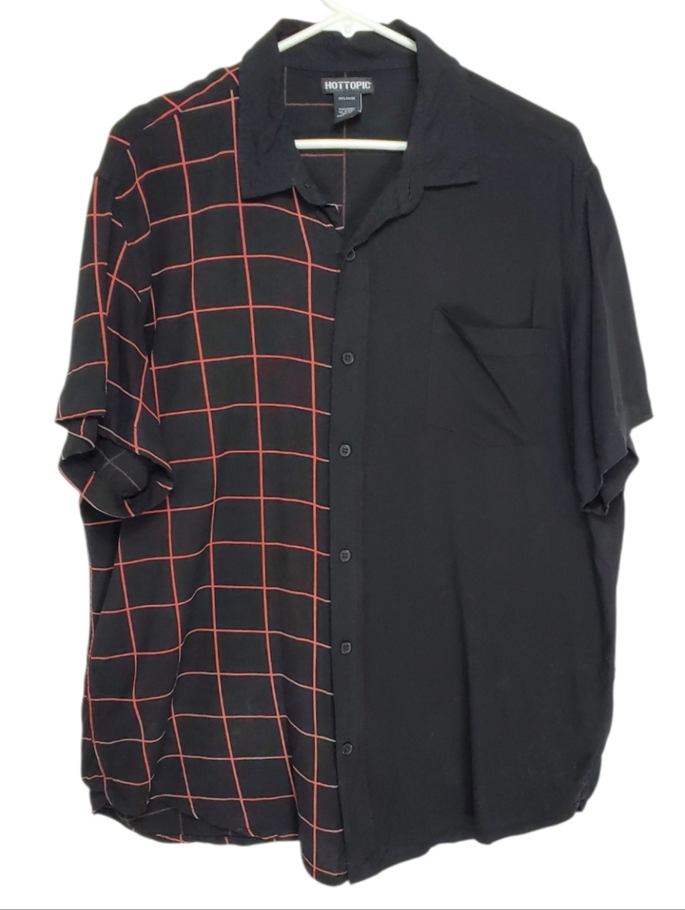 🟢2615 * Hot Topic Mens Grid Split Woven Button Up Shirt Red Black Size XL